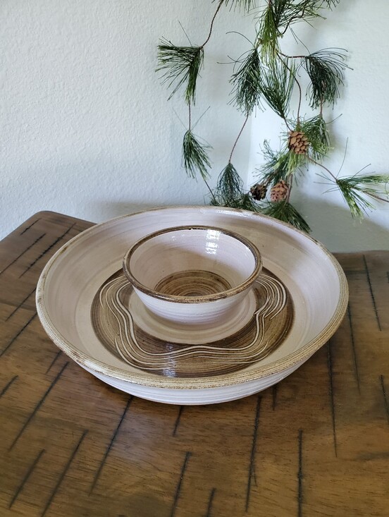 studio pottery Other - Studio Art Pottery Neutral Ceramic Chips Veggie and Dip Platter Swirl Design